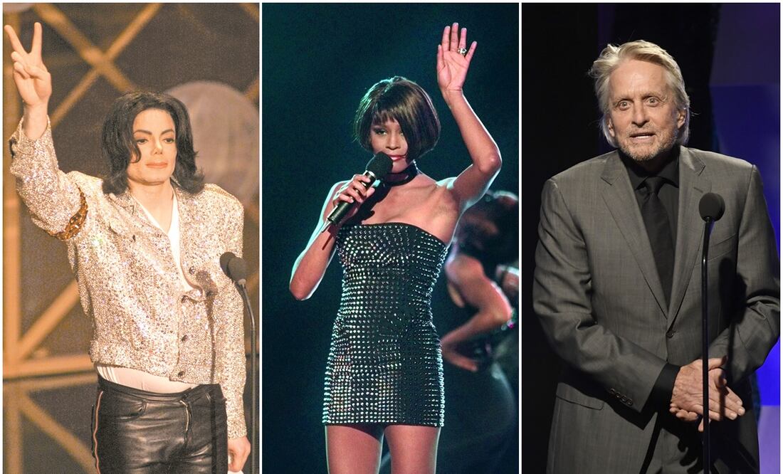 Michael Jackson, Whitney Houston y Michael Douglas. Fotos: AP y AFP