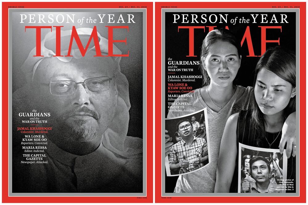 Time dedicó una portada al periodista saudita Jamal Khashoggi (izq.) y otra a los periodistas birmanos de Reuters, Wa Lone y Kyaw Soe Oo (der.). REUTERS