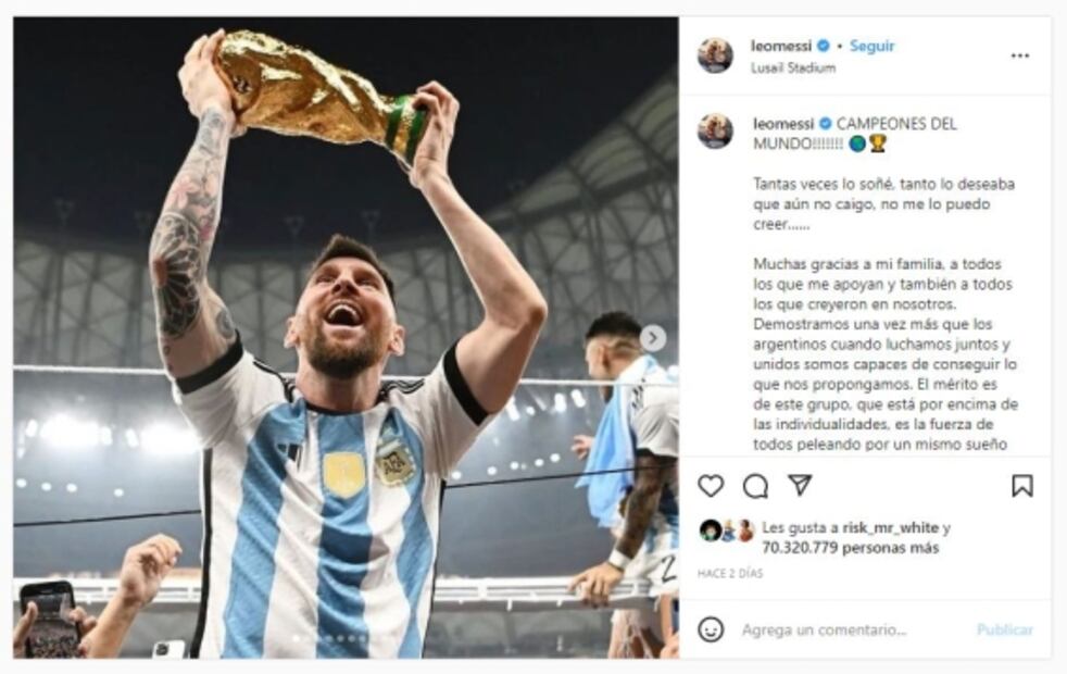 El posteo de Messi que batió el récord de "me gusta” en Instagram