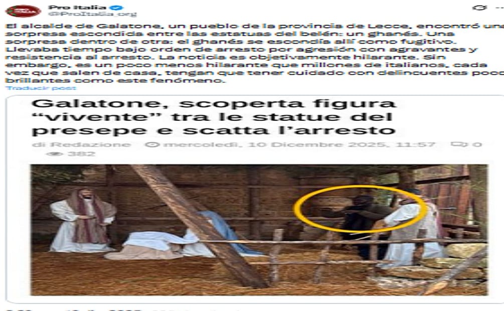 Un ghanés se escondía entre las estatuas del belén como fugitivo en un pueblo de la provincia de Lecce ne Italia. Foto: Captura de pantalla de X