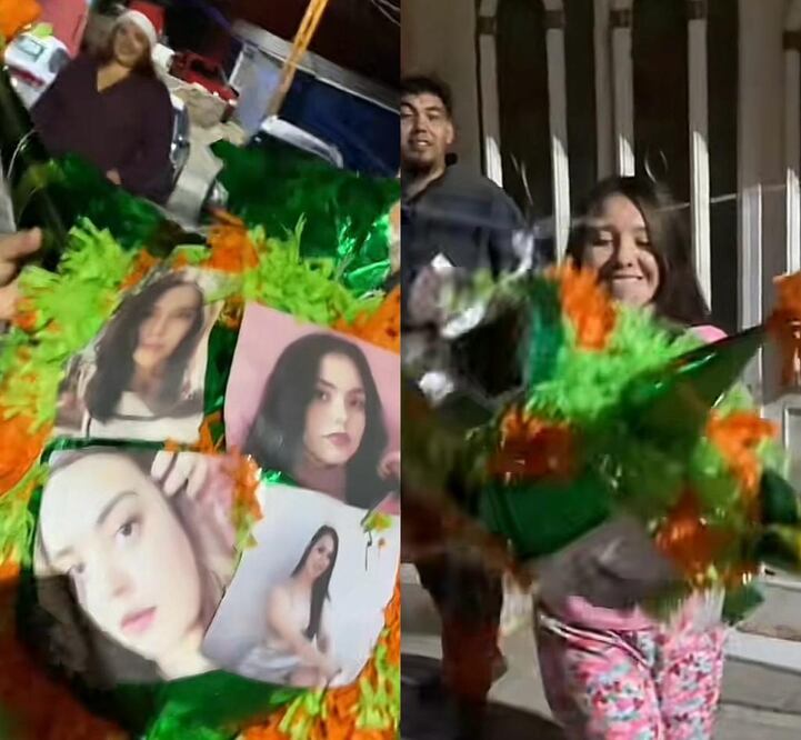 Jóvenes rompen piñata con fotografías de exparejas. Foto: Captura de video