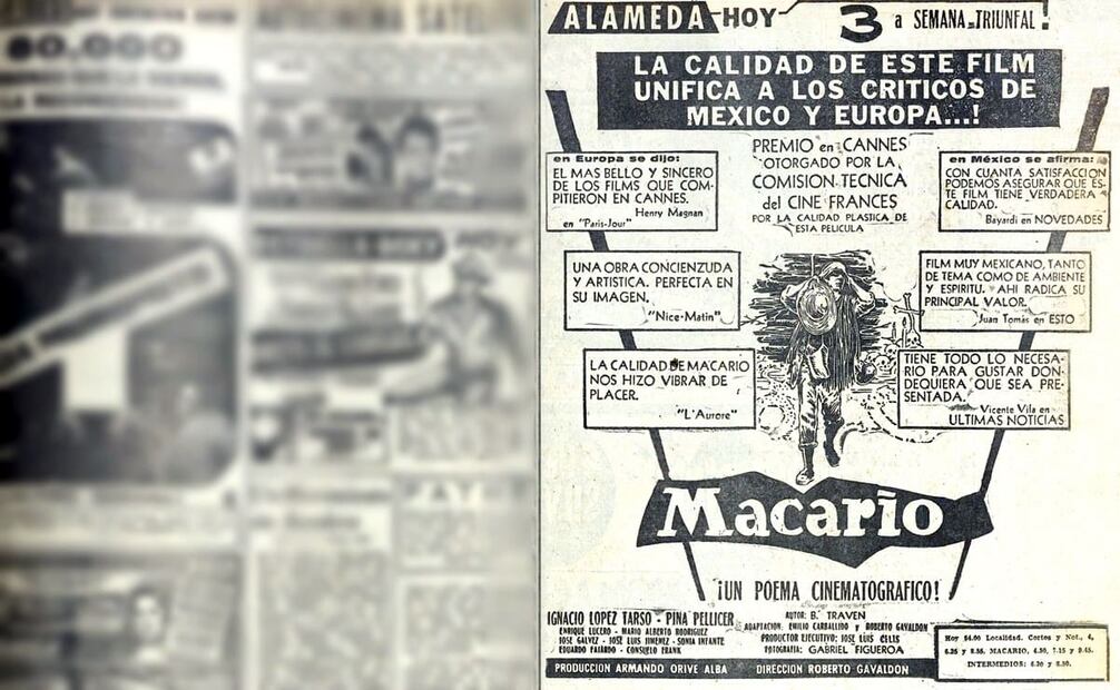 Anuncio para promocionar las funciones de “Macario”, con menciones halagadoras de especialistas internacionales. Este diario publicó el 17 de junio de 1960 el artículo “Macario según los críticos de Europa es una película notable”, con opiniones favorables para la dirección de Gavaldón y la fotografía de Gabriel Figueroa. Foto: Hemeroteca EL UNIVERSAL.