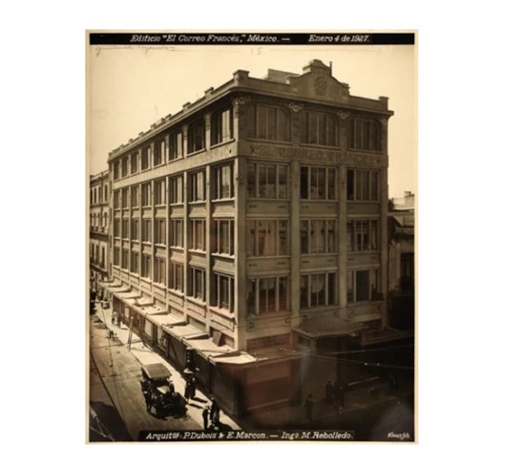 Fachada del antiguo Correo Francés, edificio inaugurado en 1929 en la esquina de 16 de Septiembre y Palma, en el Centro Histórico de la Ciudad de México. Crédito: https://www.mutualart.com/