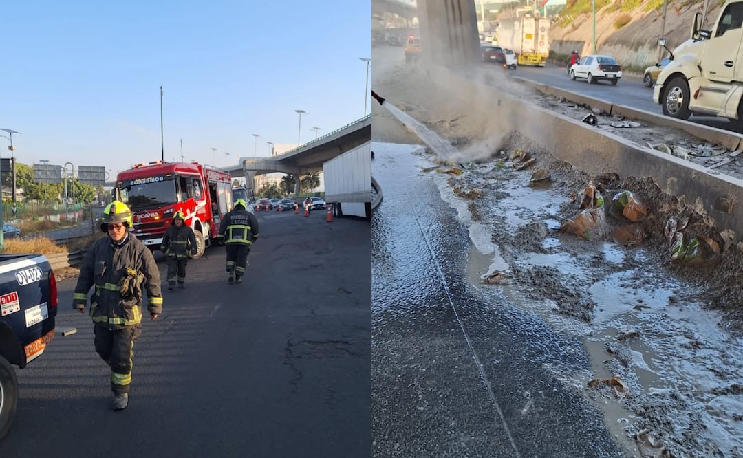 Derrame de cemento en Periférico Norte; Bomberos realizan limpieza en Perinorte. Foto: Especial