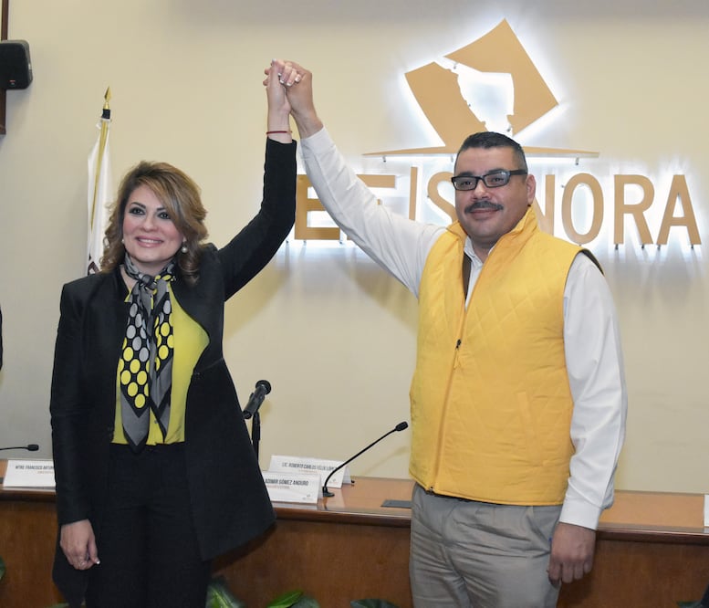 Alejandra López, presidenta del Comité Directivo Estatal del PAN, y Miguel Ángel Armenta, presidente del PRD. Foto: Especial