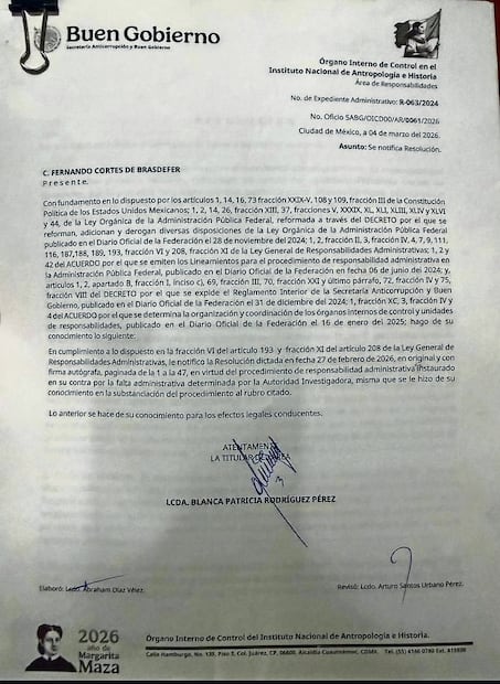 El Órgano Interno de Control dictaminó que Cortés de Brasdefer no incurrió en ninguna falta administrativa. 