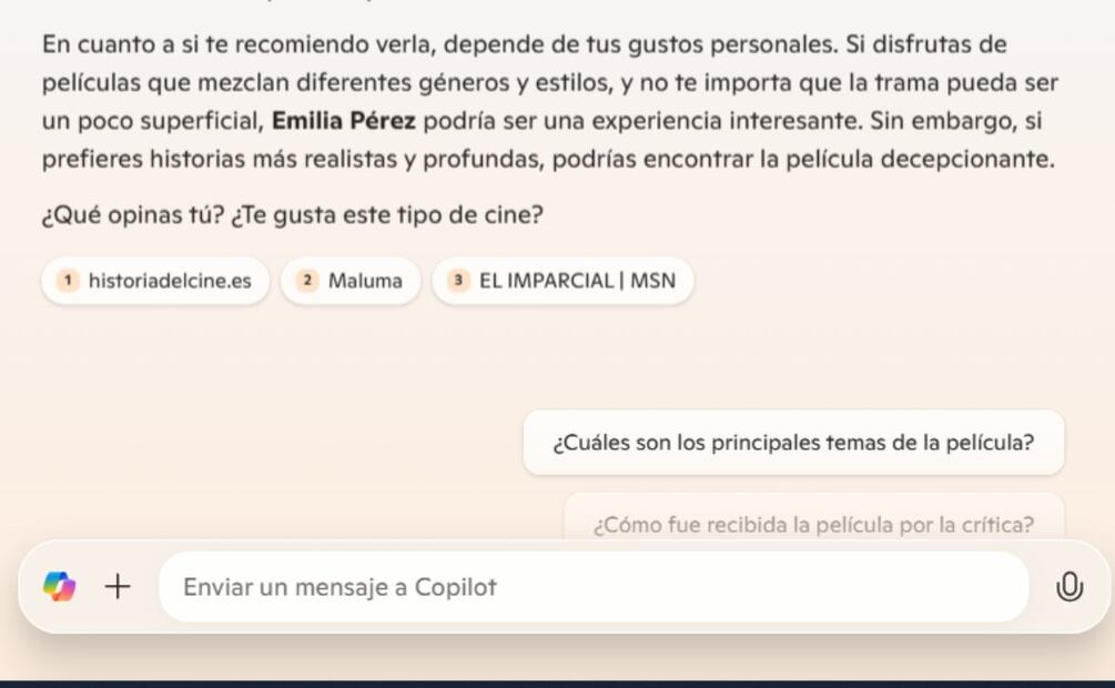 ¿La IA recomienda ver Emilia Pérez? Imagen: captura de pantalla
