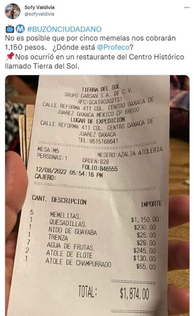 Mujer acusa a restaurante de cobrar más de mil pesos por 5 memelas; local aclara lo sucedido