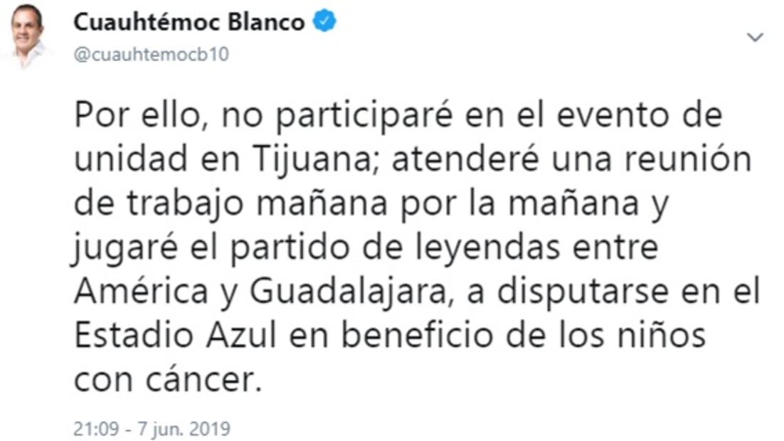 Cuauhtémoc Blanco cancela asistencia a evento de AMLO por ir a juego de leyendas