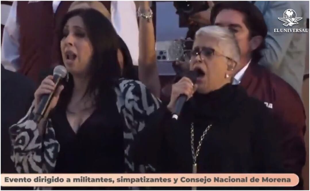 Regina Orozco y Eugenia León cantan el Himno Nacional en el cierre de precampaña de Claudia Sheinbaum. Foto: Captura de pantalla