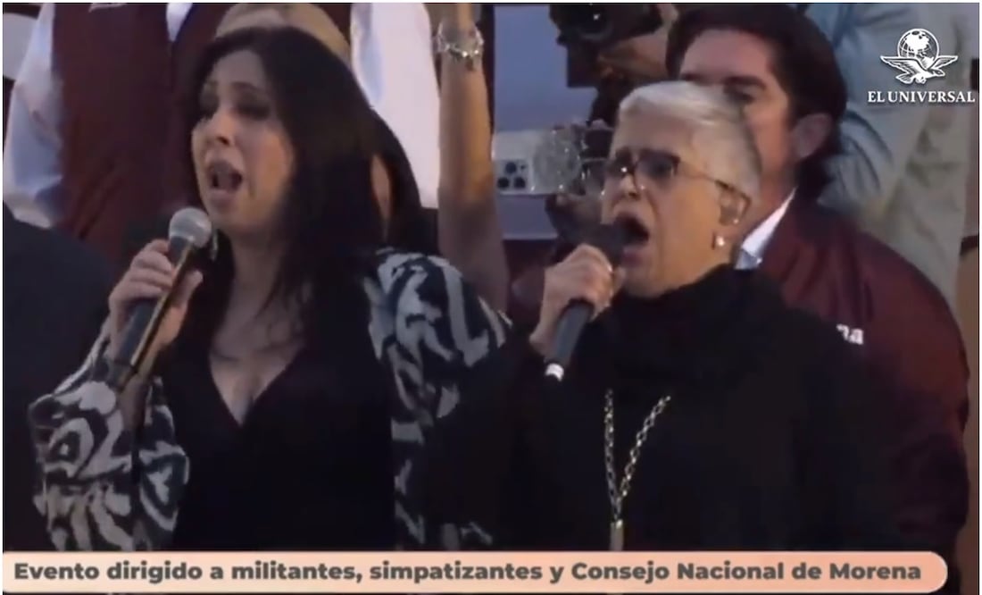 Regina Orozco y Eugenia León cantan el Himno Nacional en el cierre de precampaña de Claudia Sheinbaum. Foto: Captura de pantalla