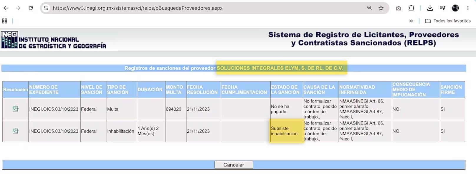 En el Registro de Licitantes, Proveedores y Contratistas Sancionados del INEGI se observa que la inhabilitación subsiste porque la empresa no ha pagado la multa. Imagen: INEGI