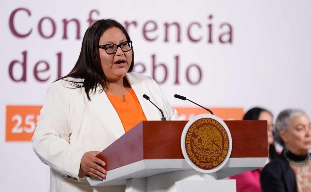 Citlalli Hernández Mora, secretaria de las Mujeres, durante la mañanera del 25 de noviembre del 2025. Foto: Diego Simón  / EL UNIVERSAL