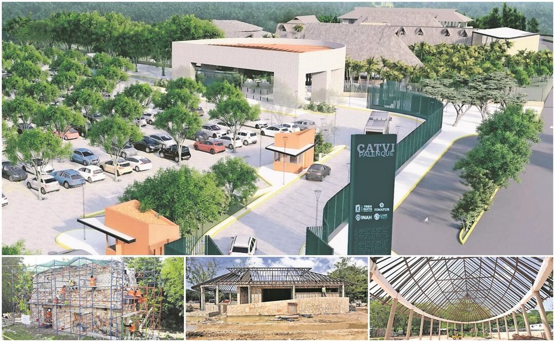 Ilustración y fotos de la construcción del Centro de Atención a Visitantes (CATVI) de Palenque, un modelo que seguirán Chichén Itzá, Ek'Balam, Uxmal, Cobá, El Tigre, Calakmul, Jaina y Edzná, como parte del Tren Maya. Fotos: Inah y Fonatur