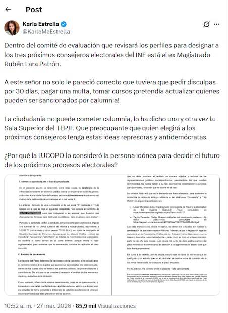 Karla Estrella cuestiona perfil de Rubén Lara en Comité evaluador de consejeros del INE (28/03/2026). Foto: Captura de pantalla