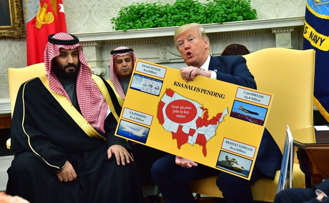 El presidente estadounidense, Donald J. Trump muestra un gráfico de venta de armamento junto al príncipe heredero de la corona saudí, Mohamed bin Salman (Foto: EFE)