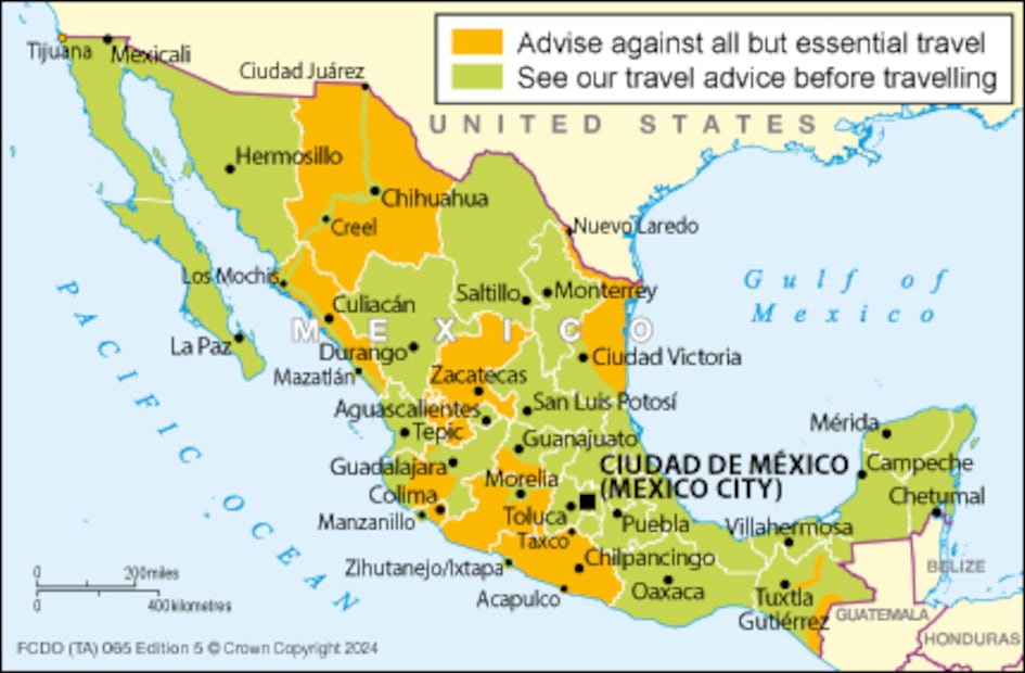 Mapa emitido por la FCDO, de cara al partido de México contra Inglaterra en el Mundial de 2026 - Foto: FCDO