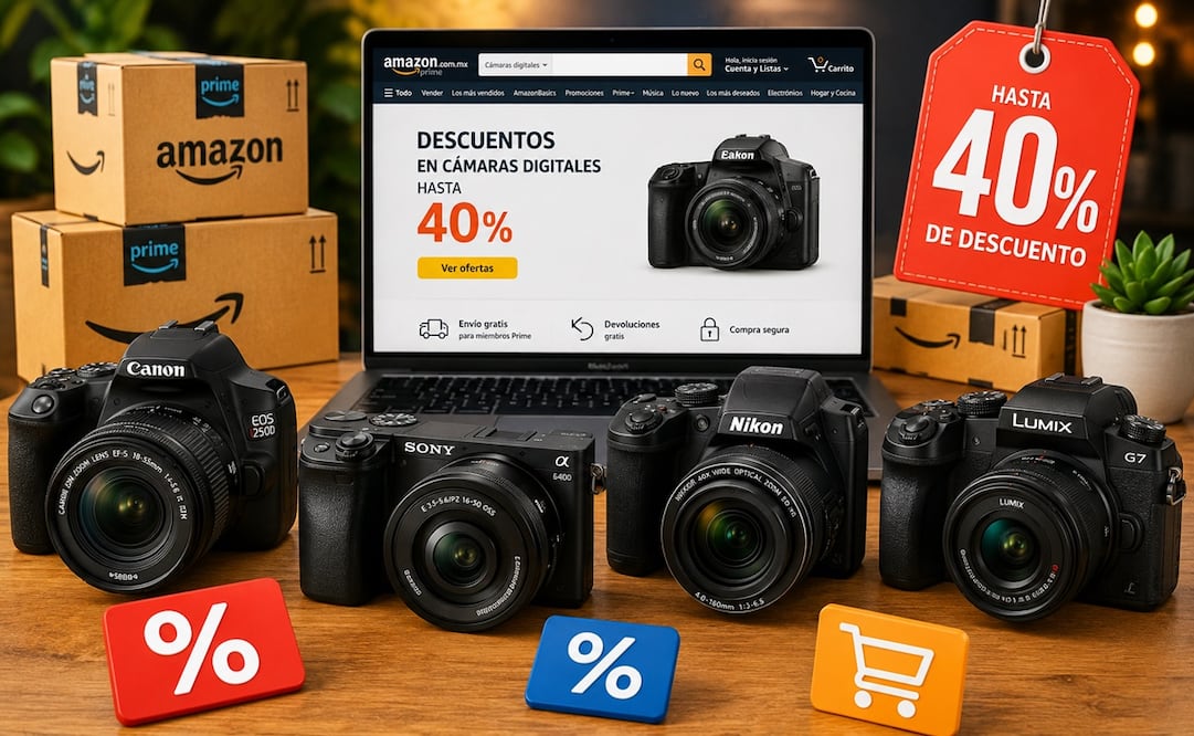 Amazon México ha lanzado una serie de descuentos en cámaras digitales que alcanzan hasta el 40%. Foto: IA