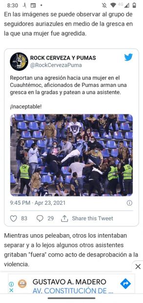 Identifican a seguidor de Pumas que agredió a mujer en el estadio Cuauhtémoc