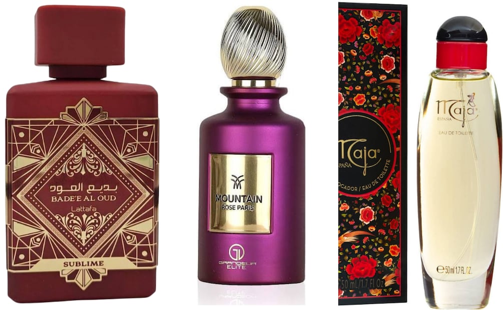 Eau de parfum Lattafa Badee, Colonia maja fragancia oriental, Perfume Árabe Mountain Rose Paris. Foto: Liverpool, Aurrerá, Mundo dermocosmetico.