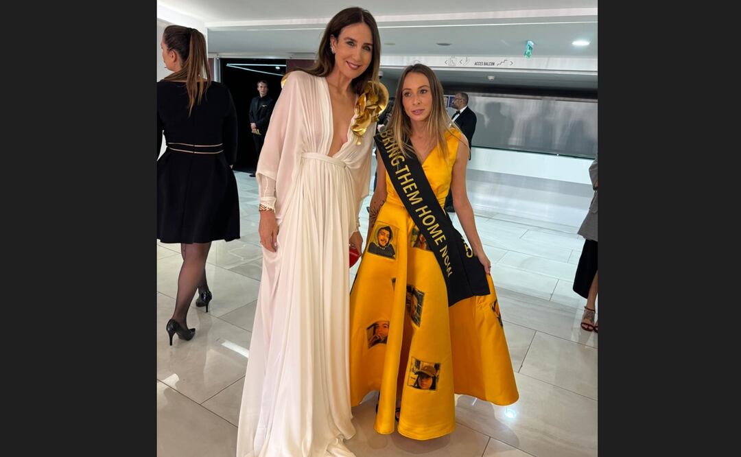 Laura Blajman-Kadar lució un vestido con un homenaje a los rehenes israelíes aún retenidos en Gaza, en la alfombra roja de Cannes. Foto: @7octobre_2023