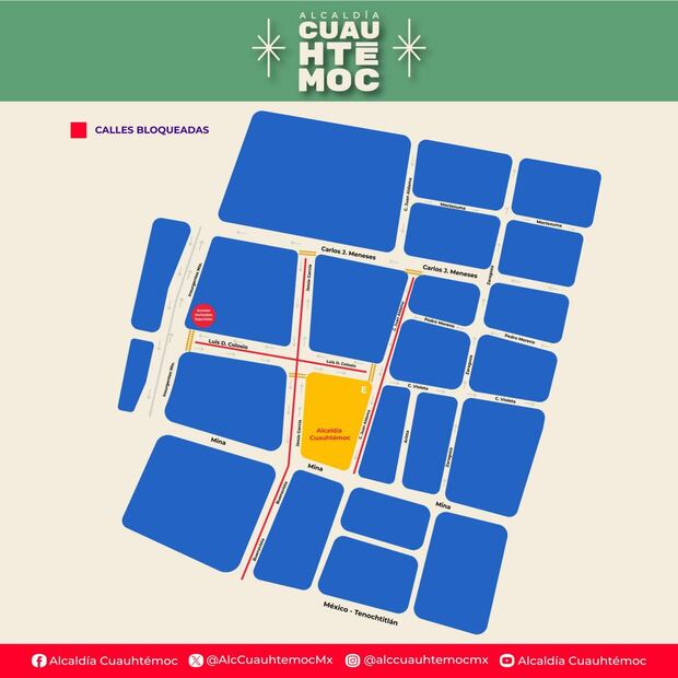 Mapa de vialidades cerradas por celebraciones del 15 de septiembre en la alcaldía Cuauhtémoc (14/09/2025). Foto: X @AlcCuauhtemocMx