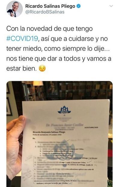 Ricardo Salinas, dueño de TV Azteca, tiene Covid-19; "nos tiene que dar a todos", dice