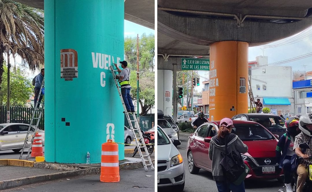 Los pilares fueron intervenidos con colores morado, naranja y verde agua como parte de las acciones de mejoramiento urbano. | Foto: Especial.