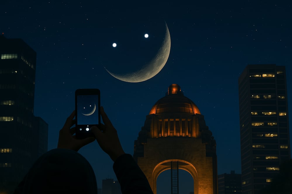El cielo del 25 de abril promete regalar una de las imágenes más curiosas del año: un fenómeno astronómico poco común que podrá apreciarse sin instrumentos, cuando la Luna creciente se alinee con Venus y Saturno, formando una figura que simula una sonrisa celeste.
Foto: Imagen creada con IA