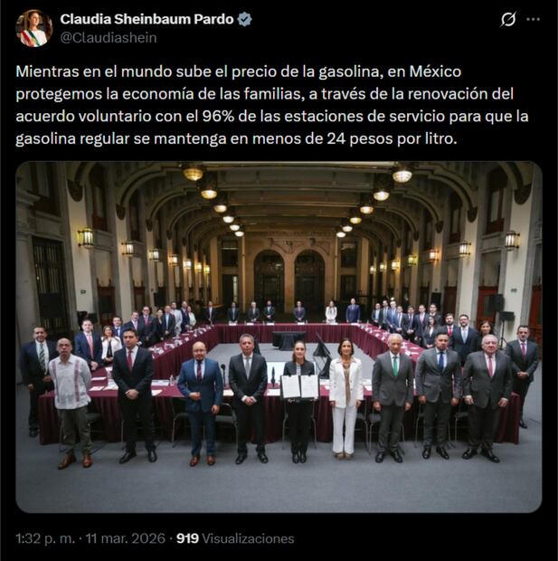 Publicación de la Presidenta sobre el acuerdo en el precio de la gasolina. Foto: captura de pantalla