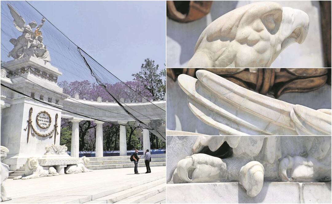 Expertos del Centro Nacional Conservación y Registro del Patrimonio Artístico Mueble trataron manchas de pinturas y desprendimientos en piezas como el águila central y leones del monumento. Foto:  JUAN BOITES/ EL UNIVERSAL
