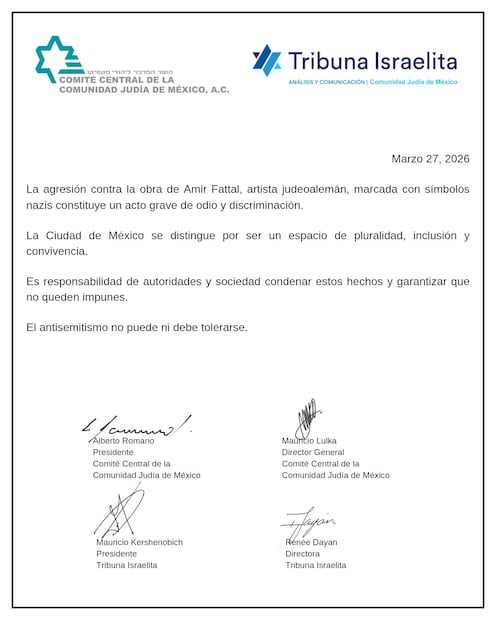 Comunicado de la Tribuna Israelita en México. Foto: Tribuna Israelita