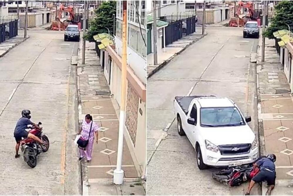 Un video captó el momento en que un hombre con una moto intentó asaltar a una mujer en Ecuador. FOTO: CAPTURA