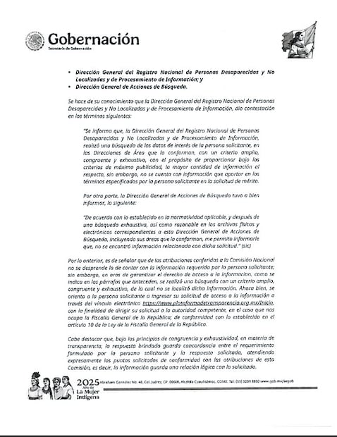 En su respuesta, la Comisión Nacional de Búsqueda sugirió dirigir la solicitud de información a la Fiscalía General de la República.