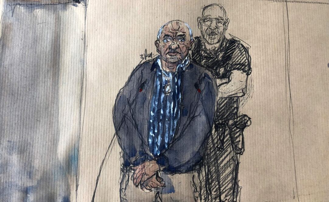 Boceto de Dino Scala en la apertura de su juicio en el juzgado de Douai, en el norte de Francia. Foto: AFP