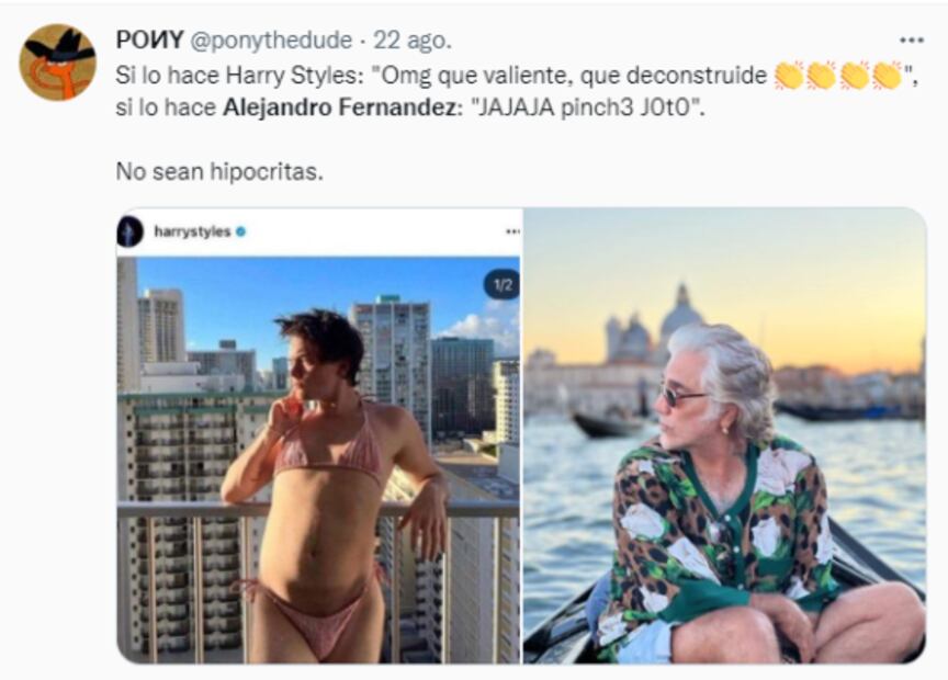 “A Bad Bunny y a Harry Styles le aplauden outfits queer pero a Alejandro Fernández lo critican": usuarios en redes