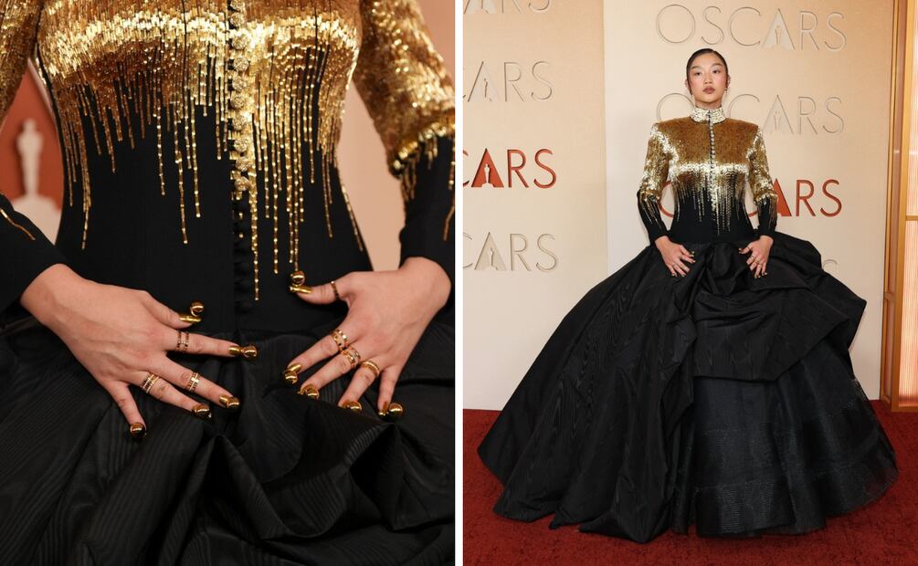 Audrey Nuna apostó por un dramático vestido negro y dorado. Foto: AP