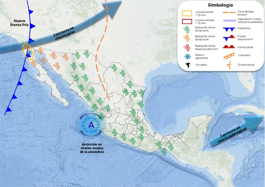 Anticiclón en niveles medio de la atmósfera este lunes 16 de febrero de 2026. Foto: SMN