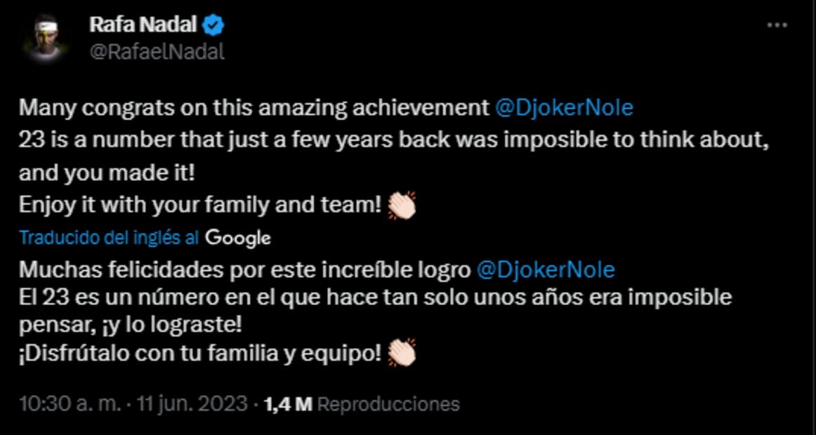 Rafa Nadal envió mensaje a Novak Djokovic