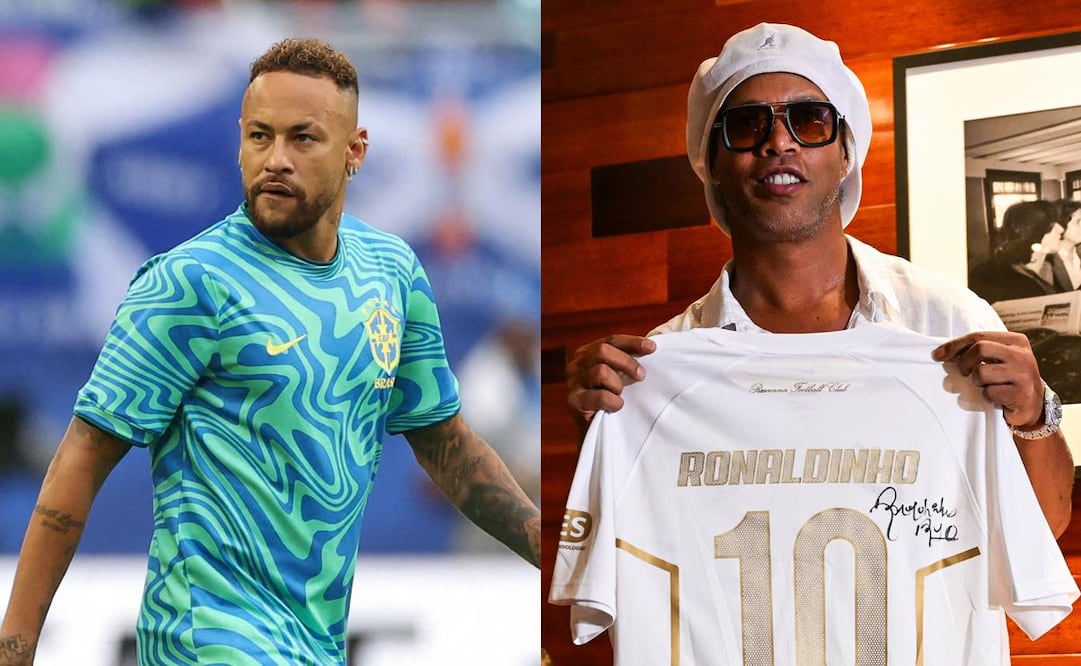 Abrazo entre Ronaldinho y Neymar previo al Brasil vs Escocia / Foto: AFP