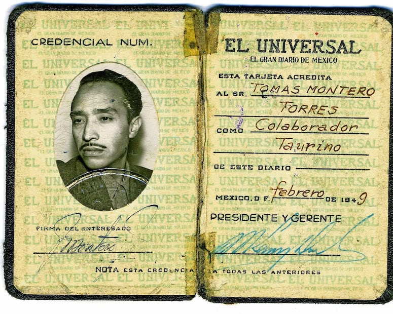 Credencial de colaborador taurino en EL
UNIVERSAL. Foto: Archivo Tomás Montero