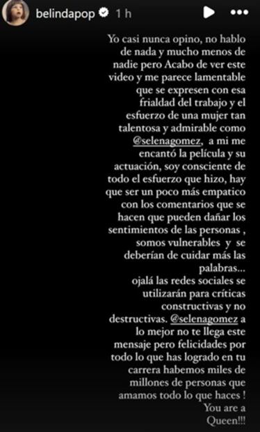 Con este mensaje, Belinda expresó su apoyo a Selena Gomez. Foto: Instagram.