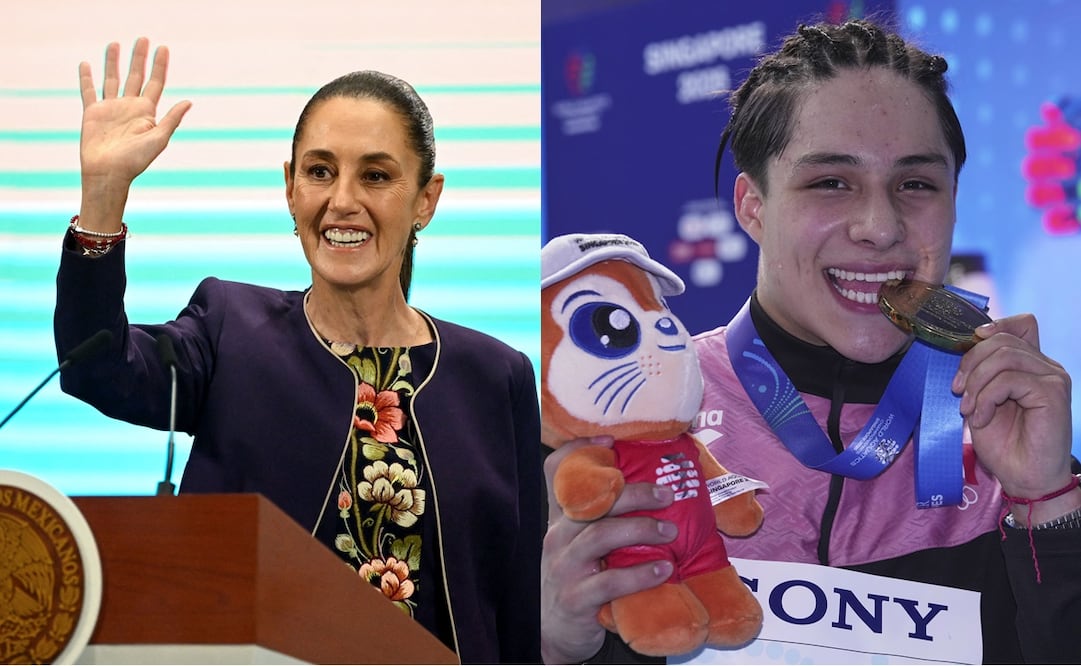 Claudia Sheinbaum en su conferencia mañanera y Osmar Olvera en el Mundial de Deportes Acuáticos Singapur - Foto: AFP y AP