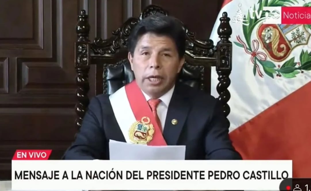 Pedro Castillo, presidente de Perú, durante el anuncio del golpe. Foto: Tomada del video