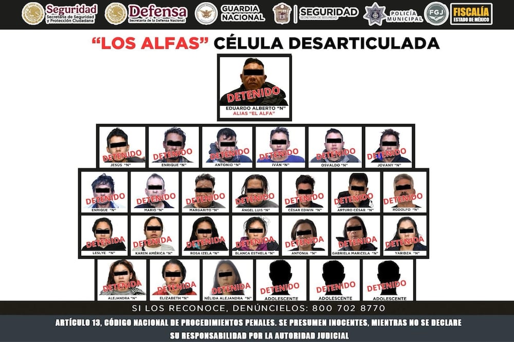 Vinculan a proceso a Eduardo Alberto "N", alias "El Alfa" y 23 personas de esa célula criminal. Foto: Especial