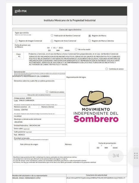 Registro ante el IMPI de la marca y logotipo "Movimiento Independiente del Sombrero". Foto: Especial