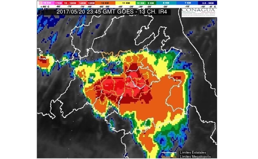 Imagen de satélite en canal infrarrojo que muestra cielo con nubosidad densa en gran parte de la región del Valle de México. /Especial