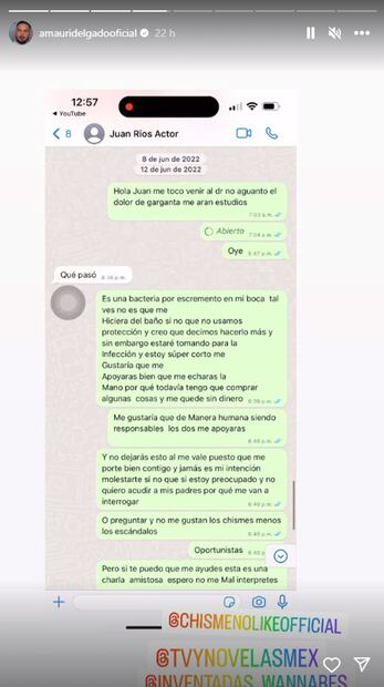 Amauri Delgado muestra capturas de pantalla de las supuestas conversaciones que sostuvo con el actor Juan Ríos Cantú.
Foto: Instagram