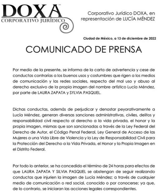 Lucía Méndez demandará a Laura Zapata y Sylvia Pasquel por daño moral