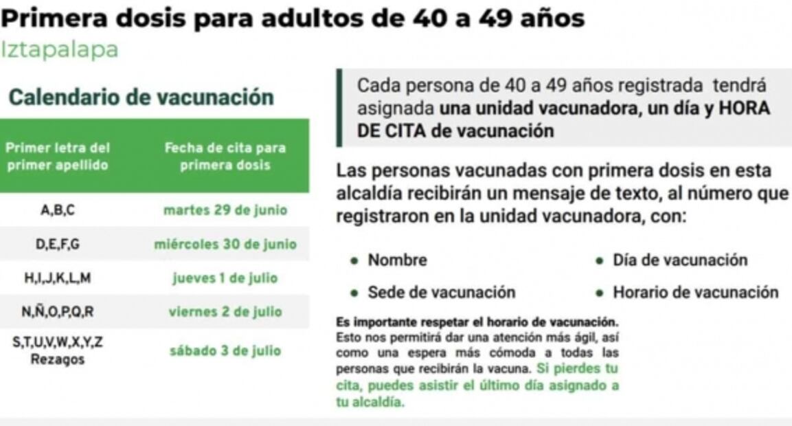 Hoy aplican primera dosis de vacuna Covid-19 a personas de 40 a 49 años en Iztapalapa